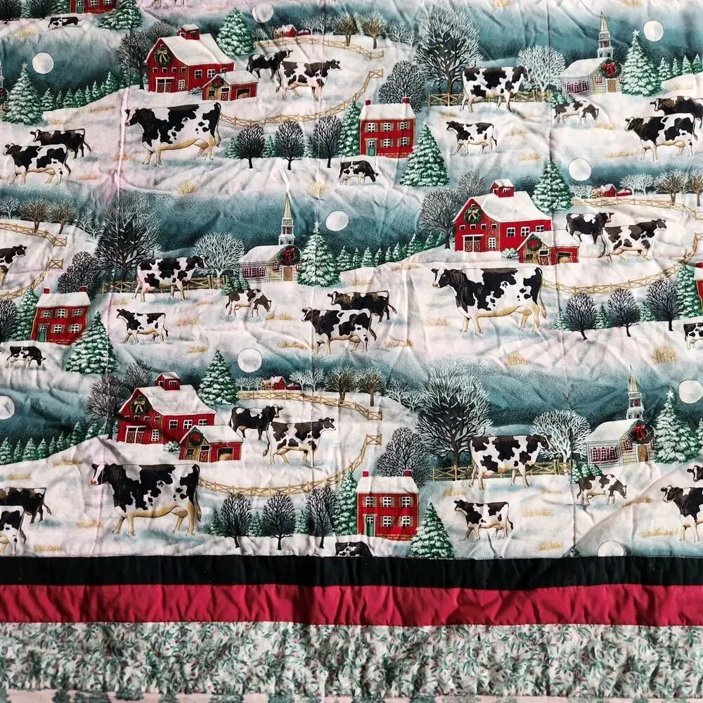Handmade Christmas Quilt Snowy Farmhouse Red Barn Church Steeple Cows 77x66